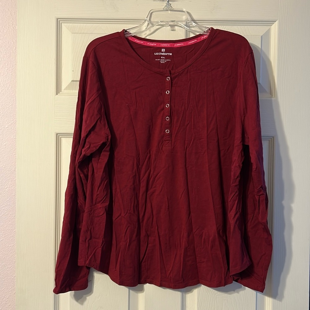 Liz Claiborne Dark Red Solid Henley Snap Front XXL